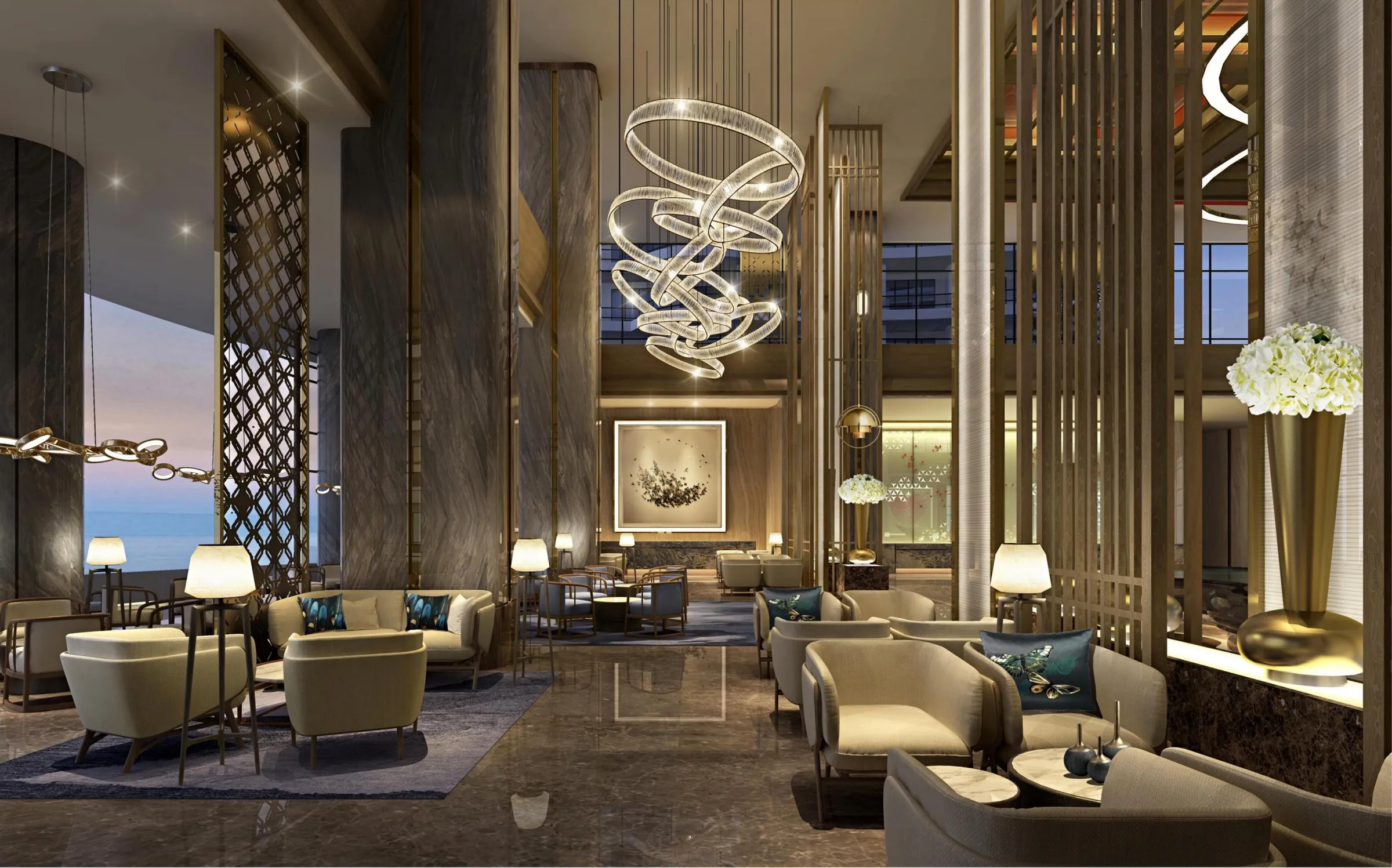 Grand lobby showing complete interior fit-out delivery with lighting, furniture and panelling