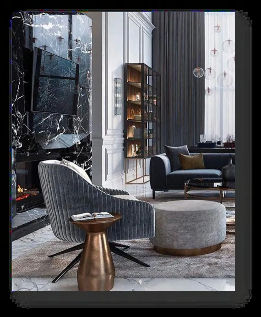 Cambodia K.B Hotel — executive suite with dark marble fireplace and velvet seating